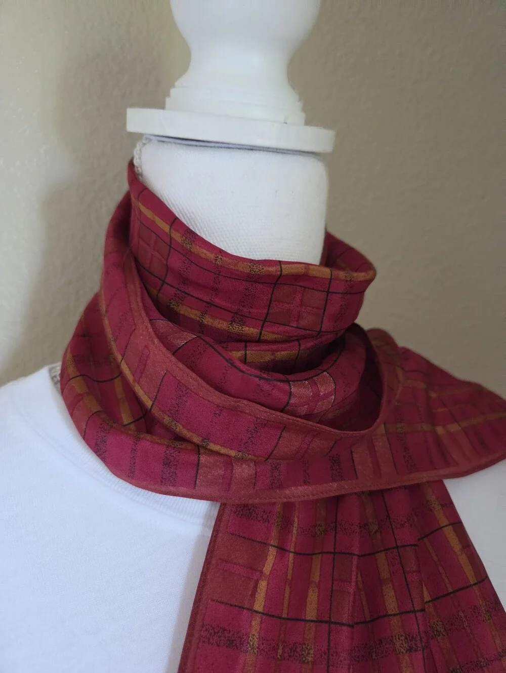 vintage oscar de la renta red plaid scarf sheer geometric stripe rectangle